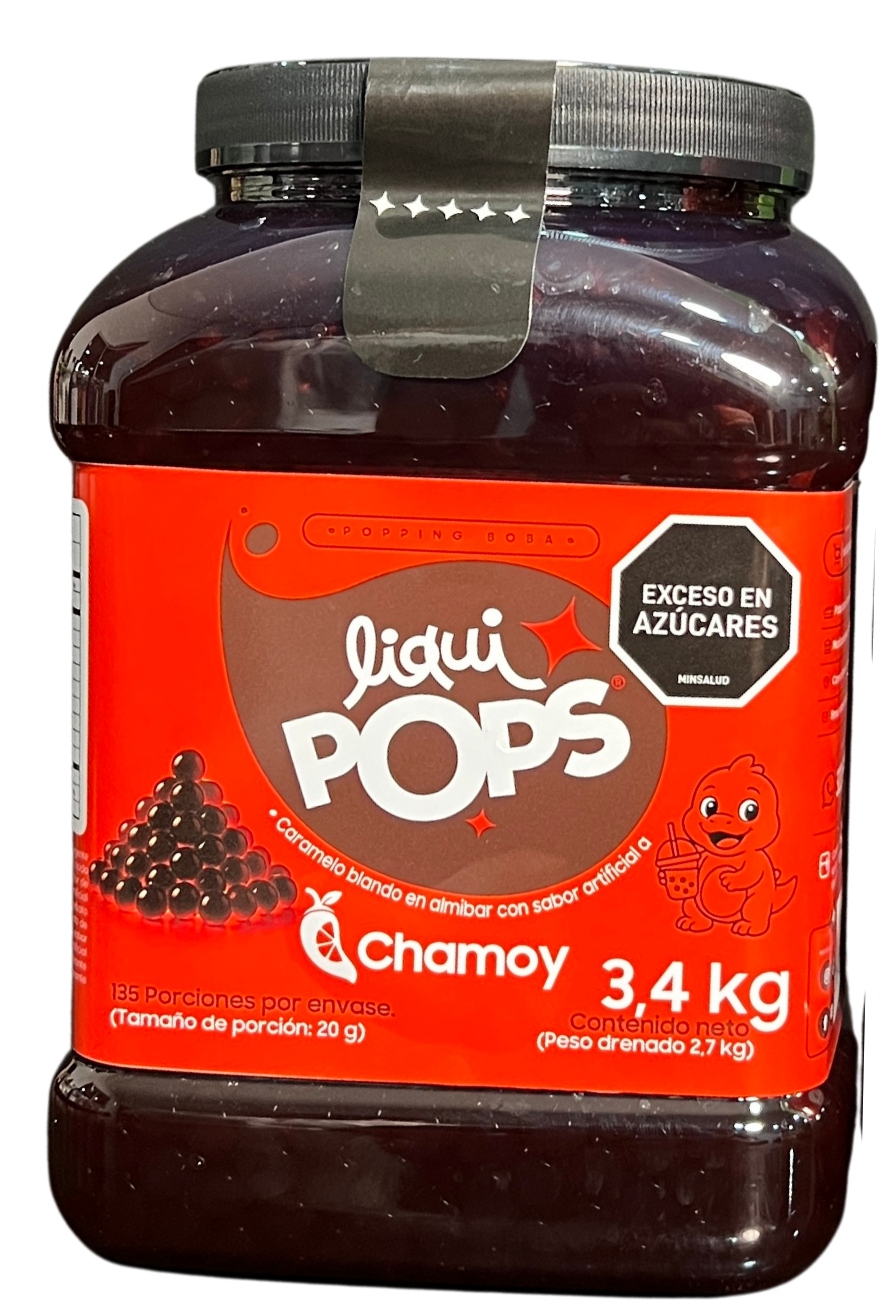 Tarro LiquiPops Chamoy 3400g — perlas explosivas en almíbar, fondo blanco